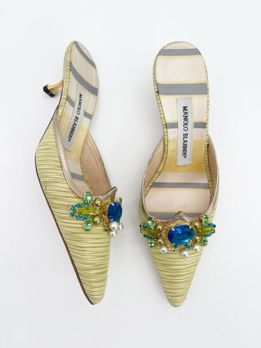 Manolo Blahnik Retro Green Striped Crystal Pointed Toe Kitten Heel Mules IT 36.5